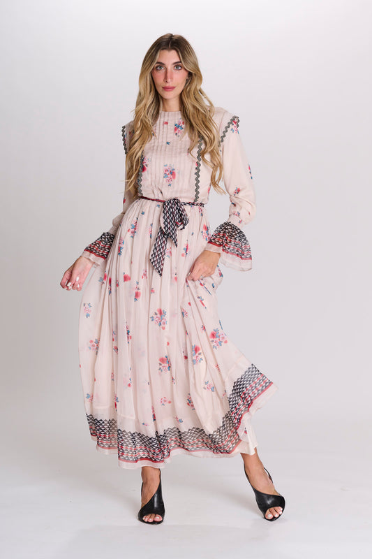 Ladies Chiffon Printed Dress With Tucked Midriff And Beu Sleeves