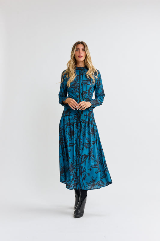 Teal With Black Large Floral Design Dress