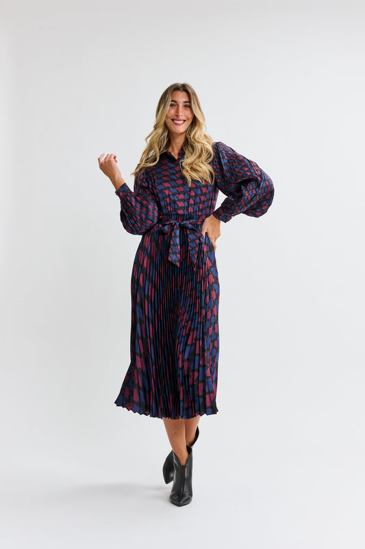 Blue With Magenta Print Pleated Dress