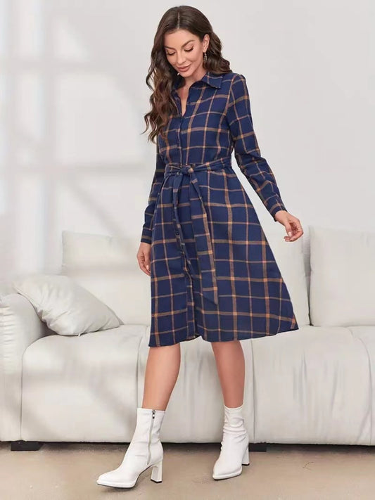 Ladies Plaid Tie Waist Long Sleeve Dress