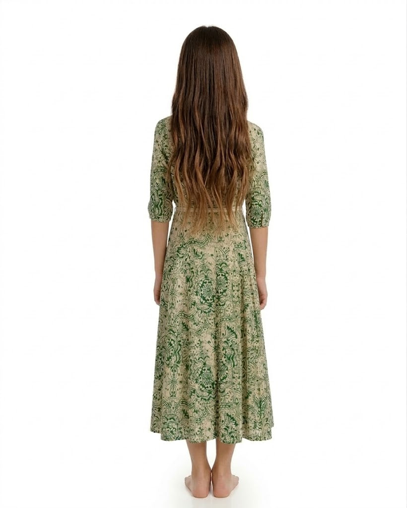 Tween Green Abstract Printed Dress With Belt - Modest Necessities