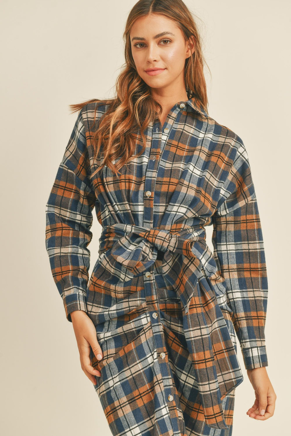 Ladies Plaid Flannel Front Tie Button Down Shirt Dress