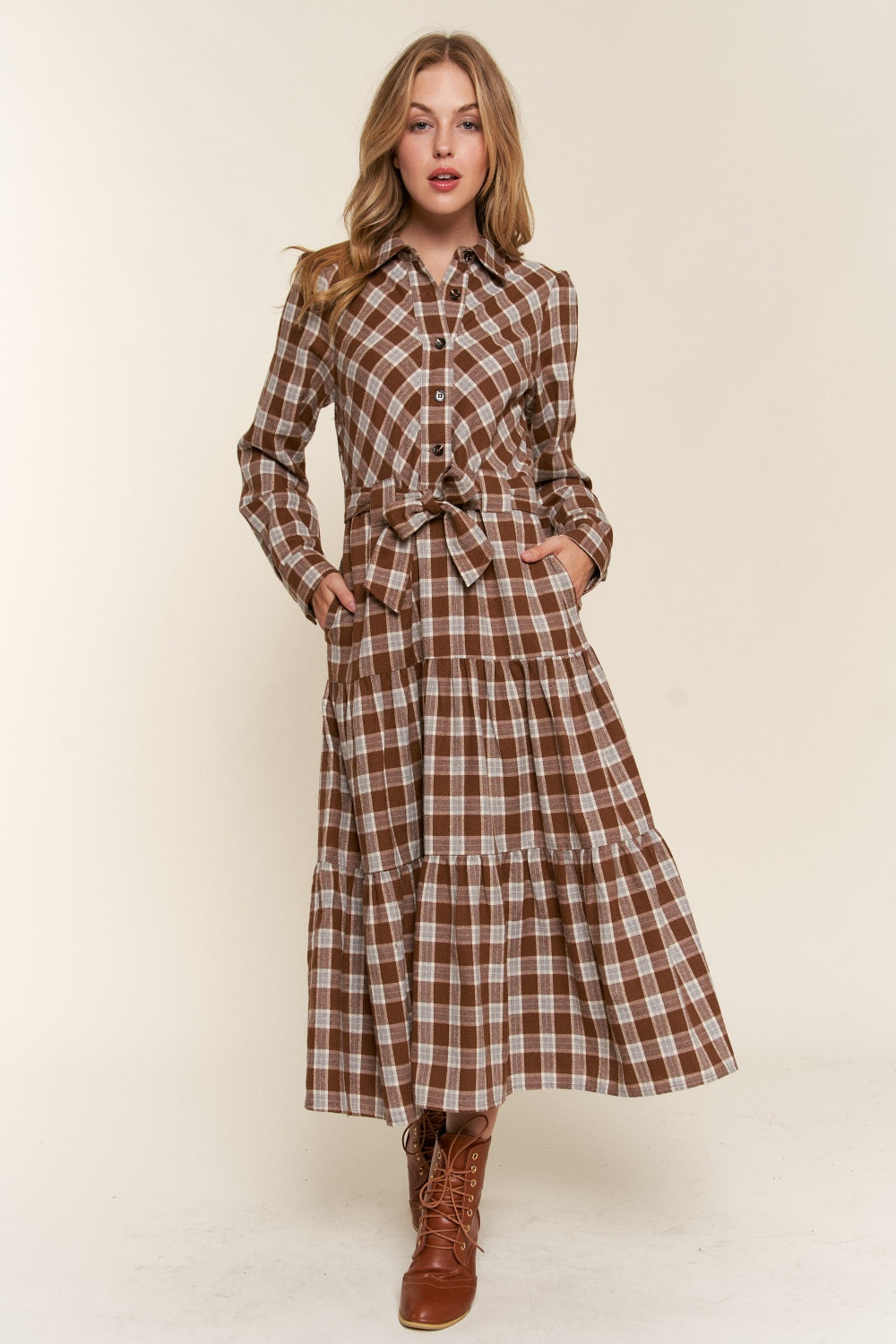 Ladies Plaid Tiered Midi Shirt Dress