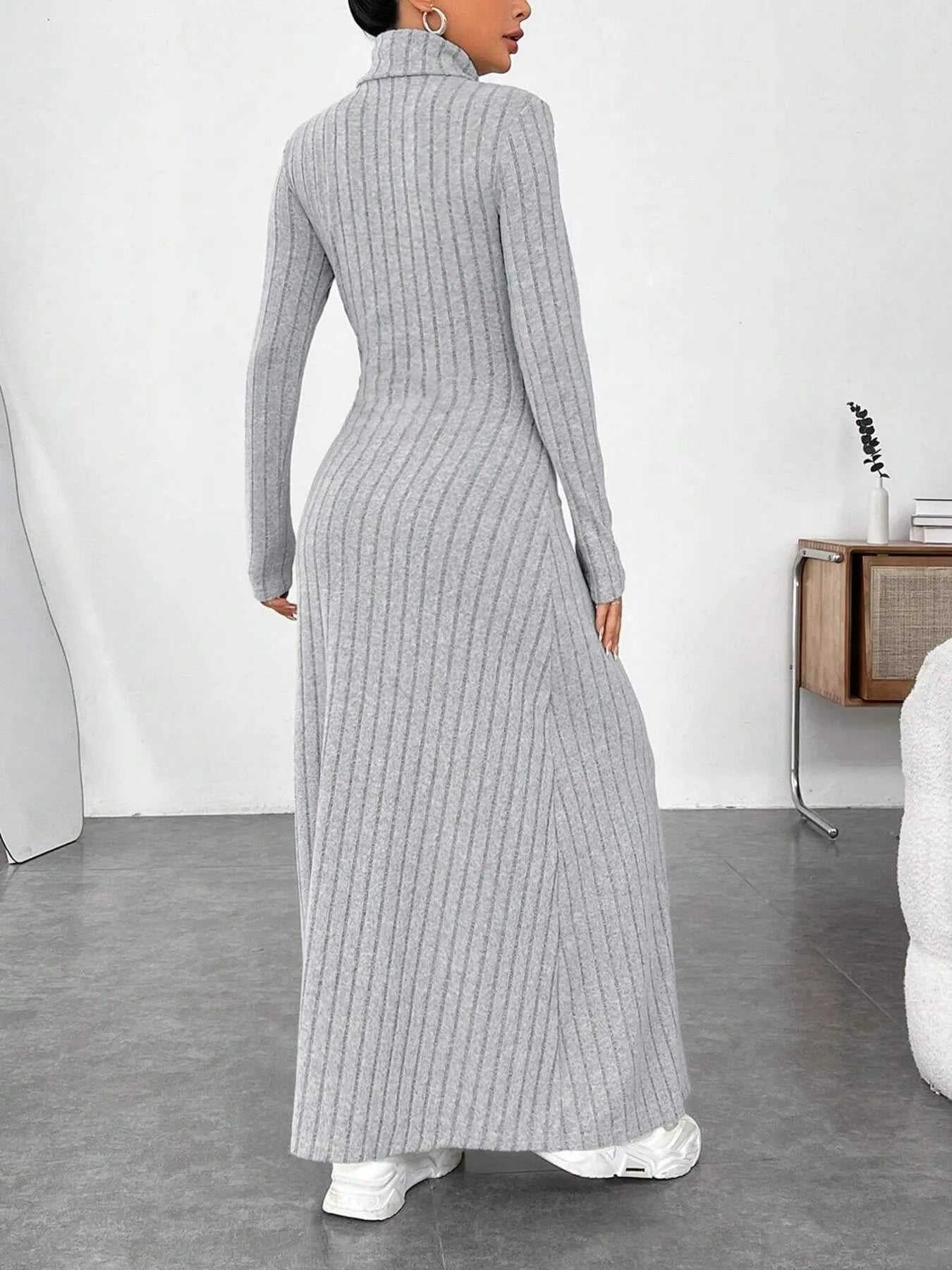 Ladies Ribbed Turtleneck Long Sleeve Maxi Knit Dress Gray / S Ladies Ribbed Turtleneck Long Sleeve Maxi Knit Dress Gray / S