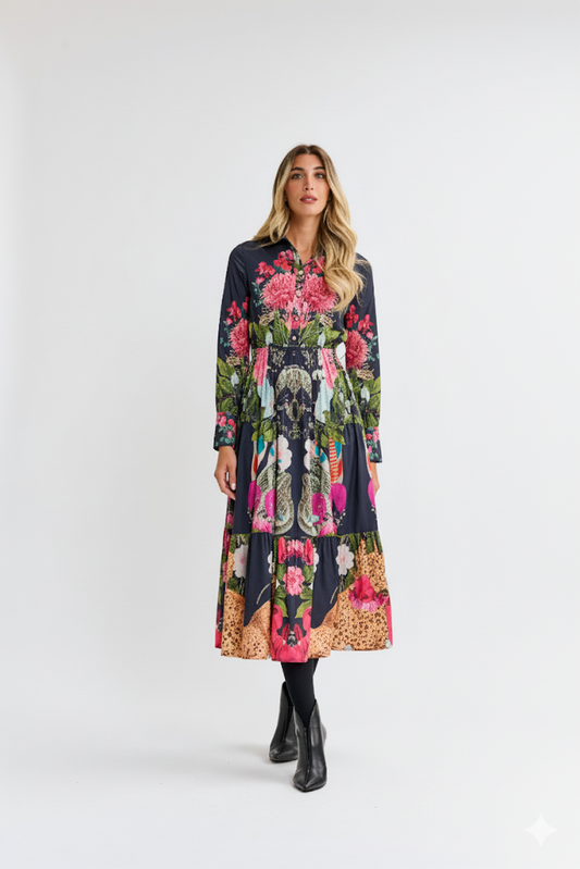 Black Sateen With Vivid Floral Print Dress
