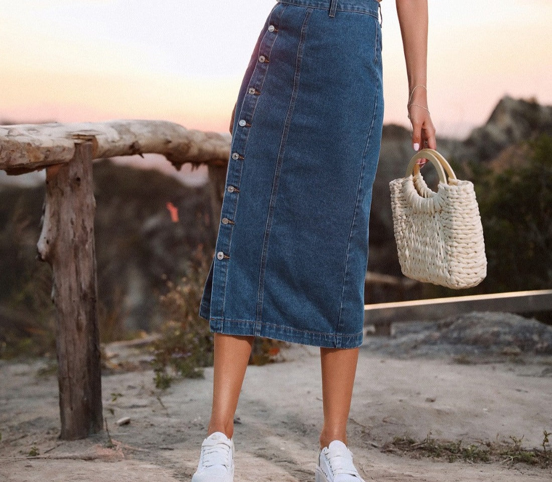 Ladies Button Down Denim Skirt more colors