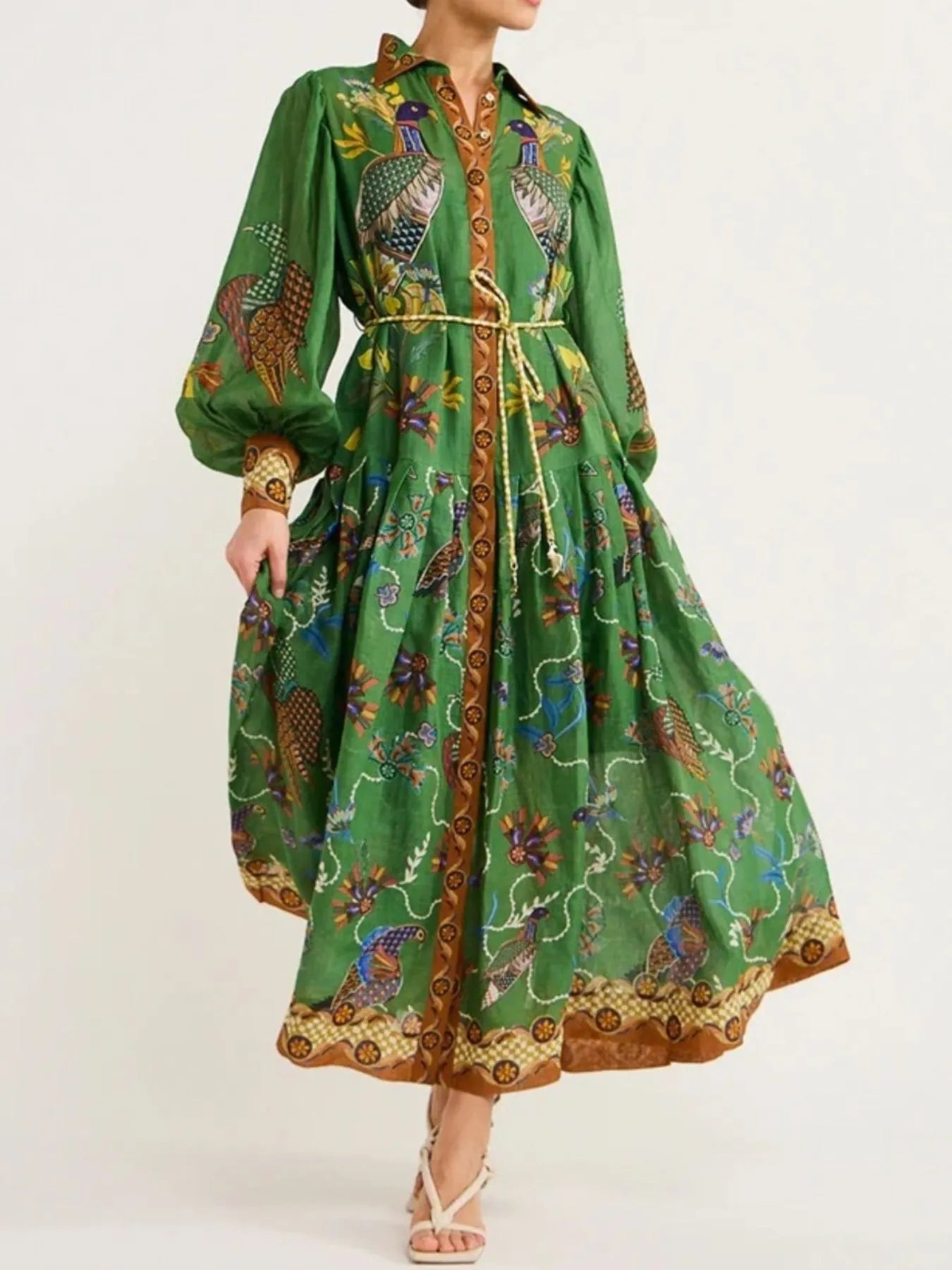 Ladies Printed Lantern Sleeve Maxi Shirt Dress