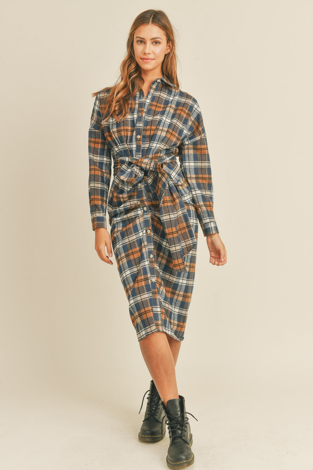 Ladies Plaid Flannel Front Tie Button Down Shirt Dress