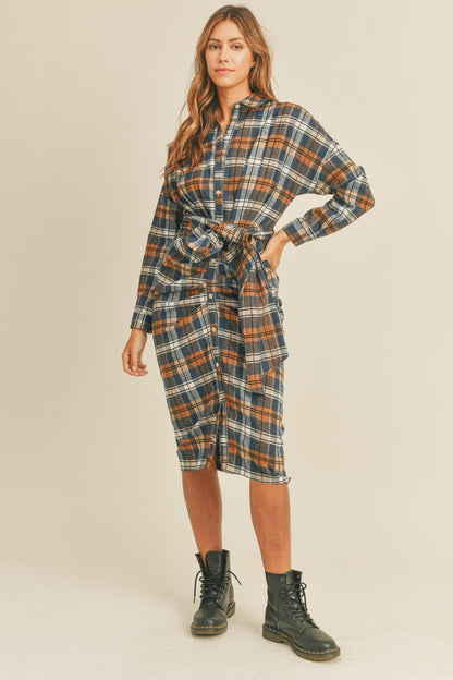 Ladies Plaid Flannel Front Tie Button Down Shirt Dress