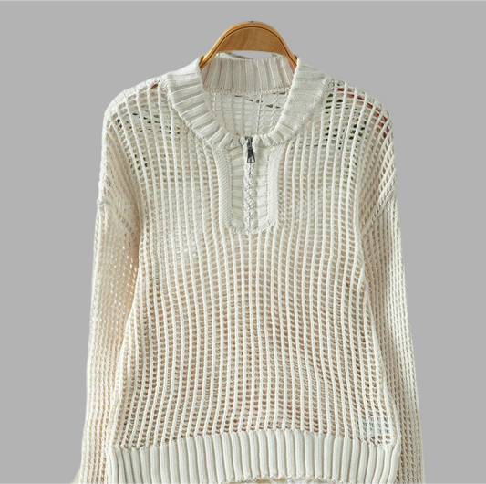 Half-Zip Crocheted Long Sleeve Sweater