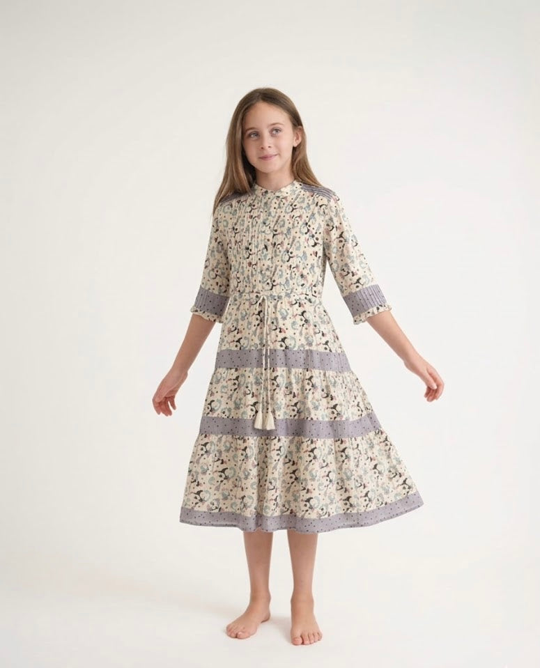 Tween Pleated Detail Drawstring Waist Printed Dress - Modest Necessities