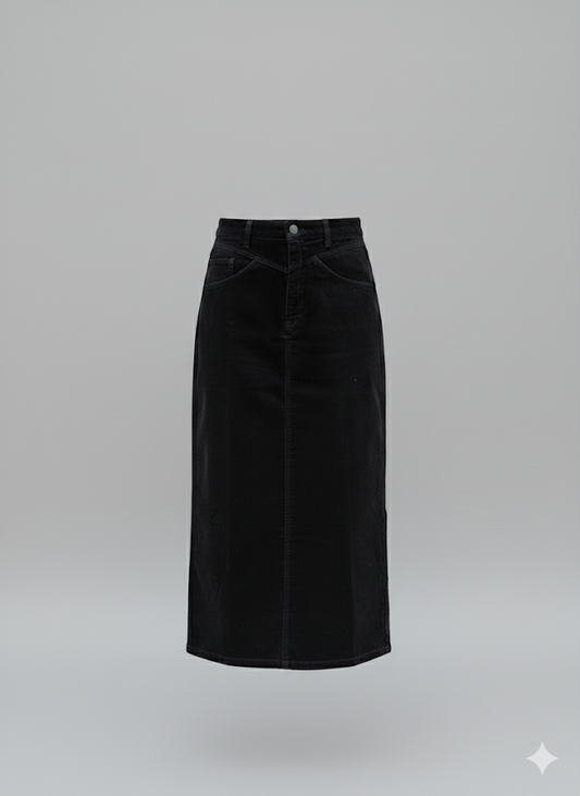 Denim Corduroy Midi Skirt - Black