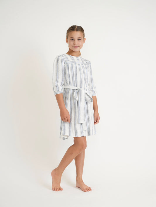 Teen White And Blue Striped Tie Dress (past the knee length version)
