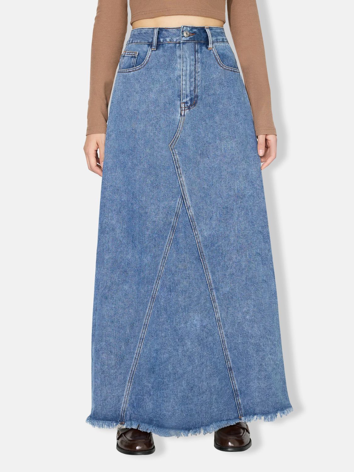 Ladies Raw Hem Maxi Denim Skirt