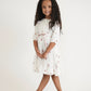 Teen White And Pink Floral Embroidered Drawstring Dress (past the knee length version)