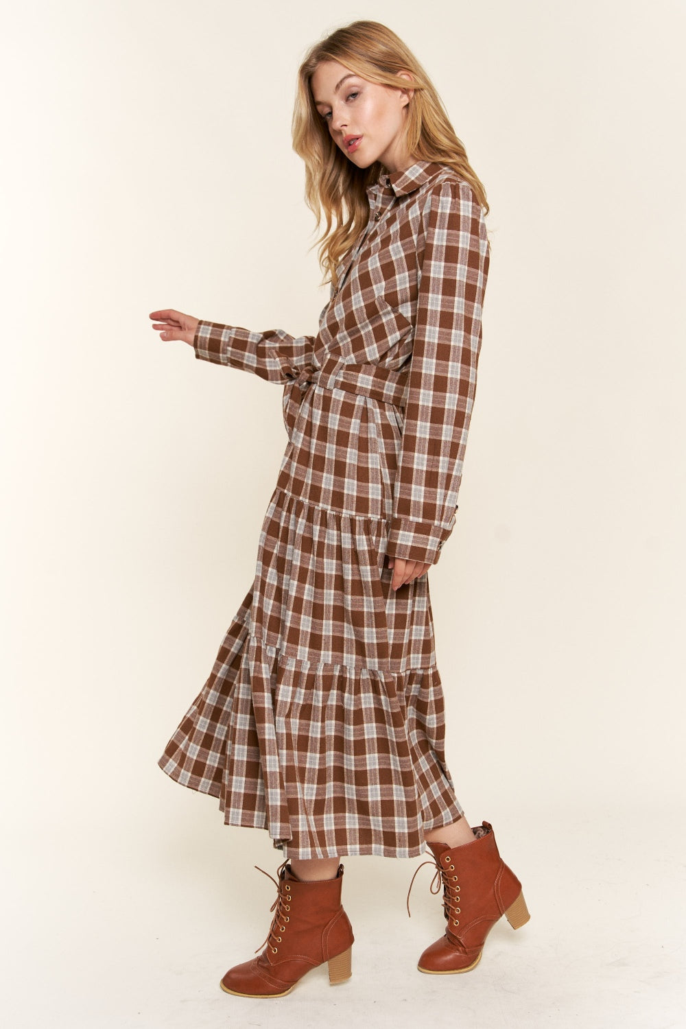 Ladies Plaid Tiered Midi Shirt Dress