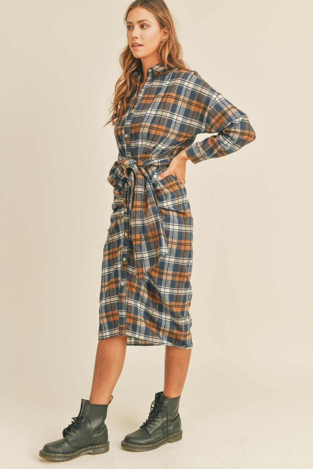 Ladies Plaid Flannel Front Tie Button Down Shirt Dress