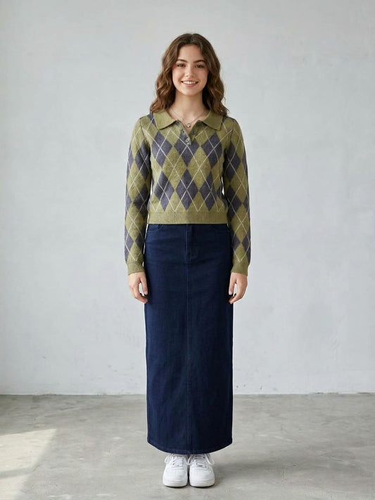 Argyle Pattern Collared Knit Sweater - Modest Necessities