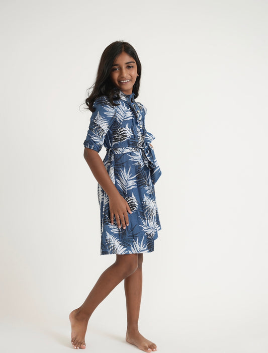Teen Blue And White Leaf Dress (past the knee version)