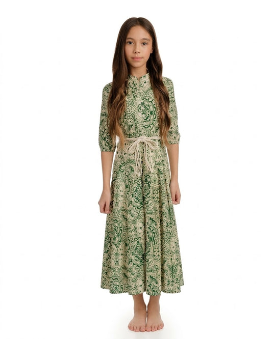 Tween Green Abstract Printed Dress With Belt - Modest Necessities