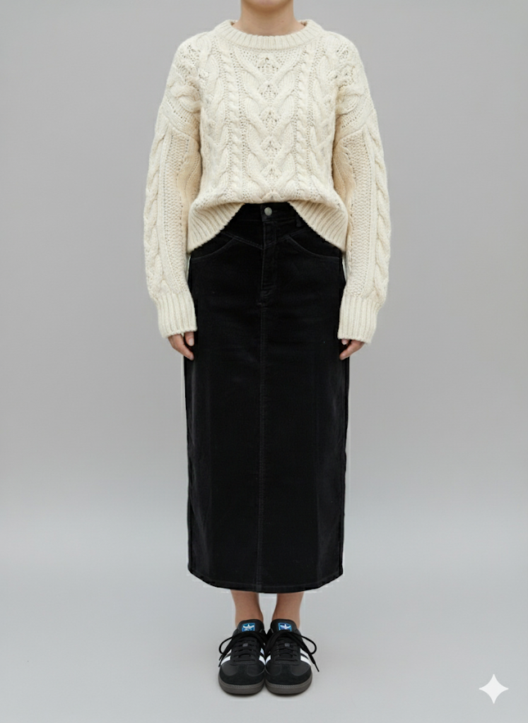 Denim Corduroy Midi Skirt - Black