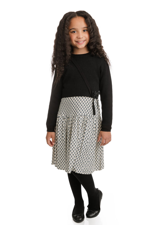 Tween Ivory Printed Dress With Black Wrap Overlay