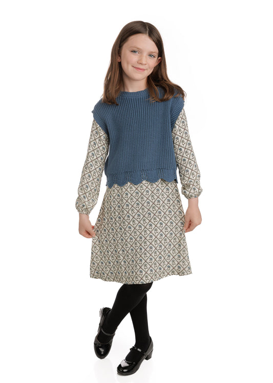 Tween Cream and Floral Dress With Teal Knit Vest