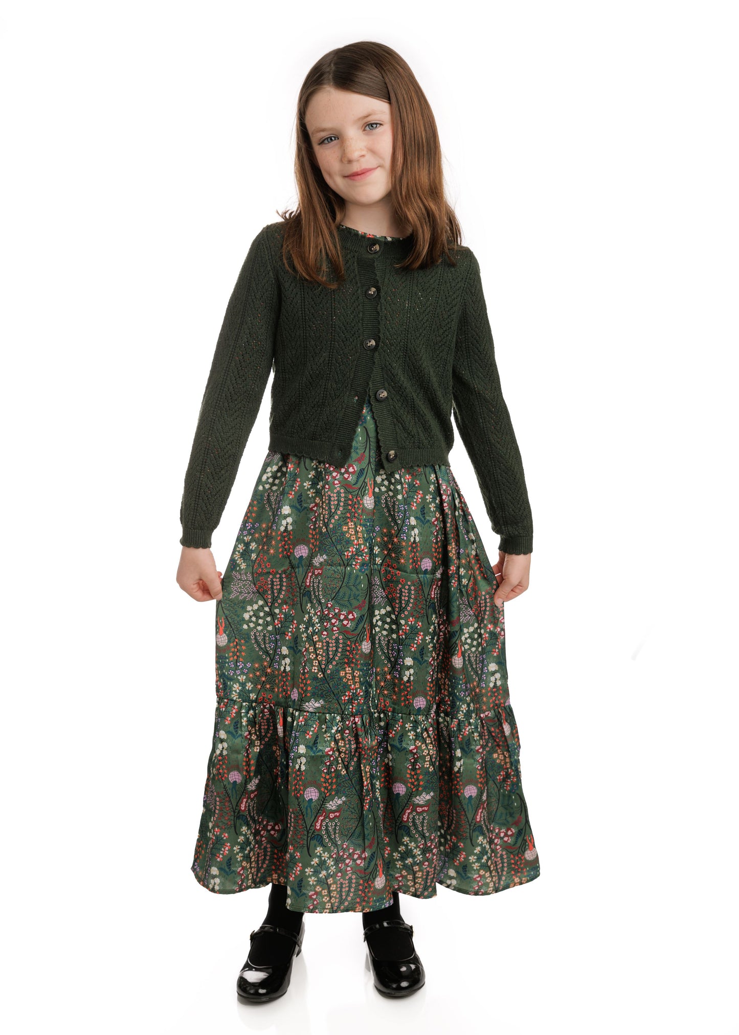 Teen Green Printed Dress With Green Knit Cardigan