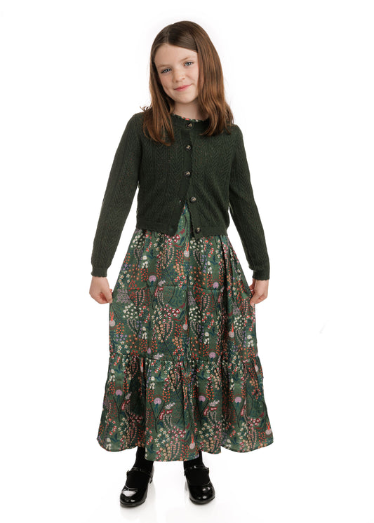 Tween Green Printed Dress With Green Knit Cardigan