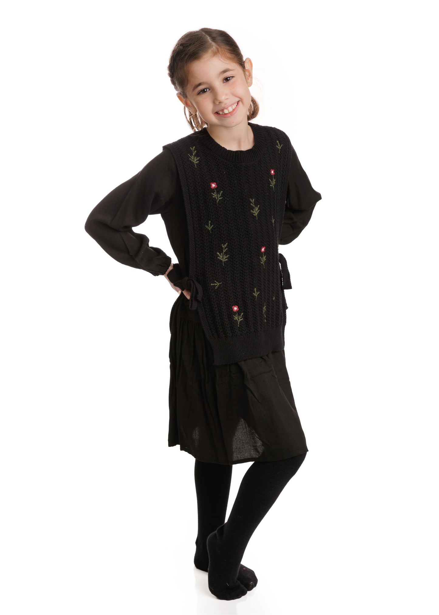 Teen Black Dress With Black Embroidered Overlay