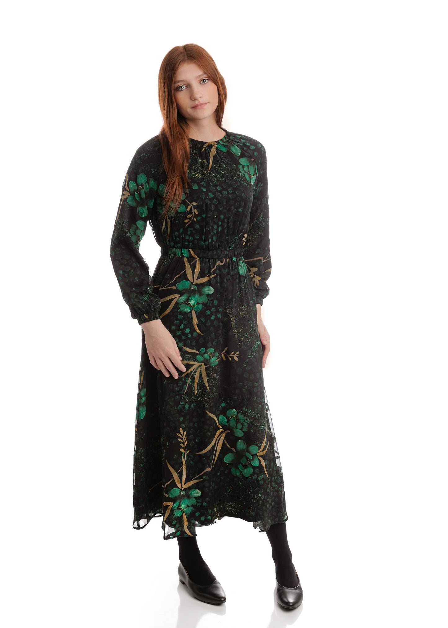 Ladies Hunter Green Black Flower Printed Elastic Neckline Dress