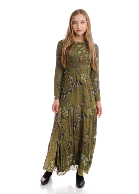 Ladies Green Printed Mesh Dress