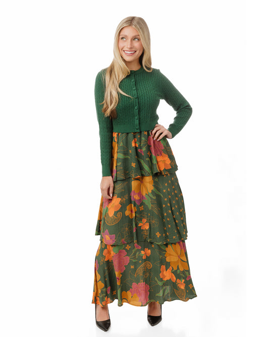 Green Cable Knit Cardigan Overlay With Floral Printed Dress