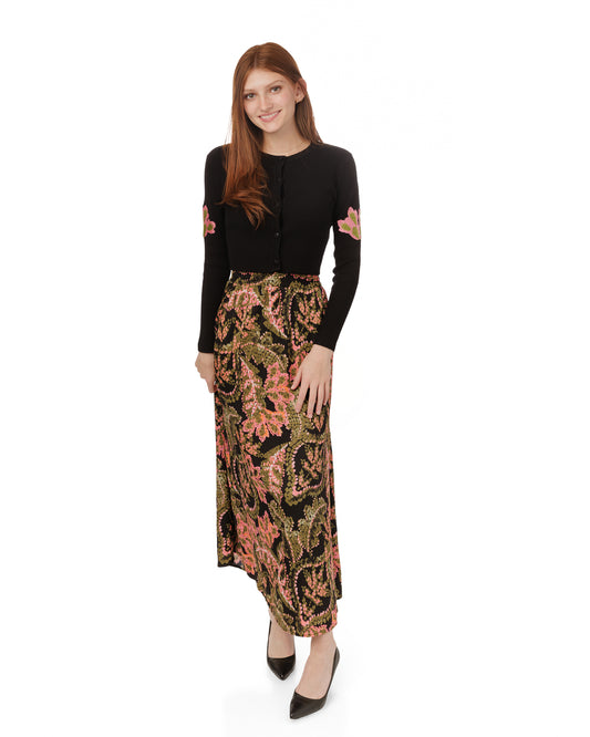 Pink Green Floral Satin Skirt Set