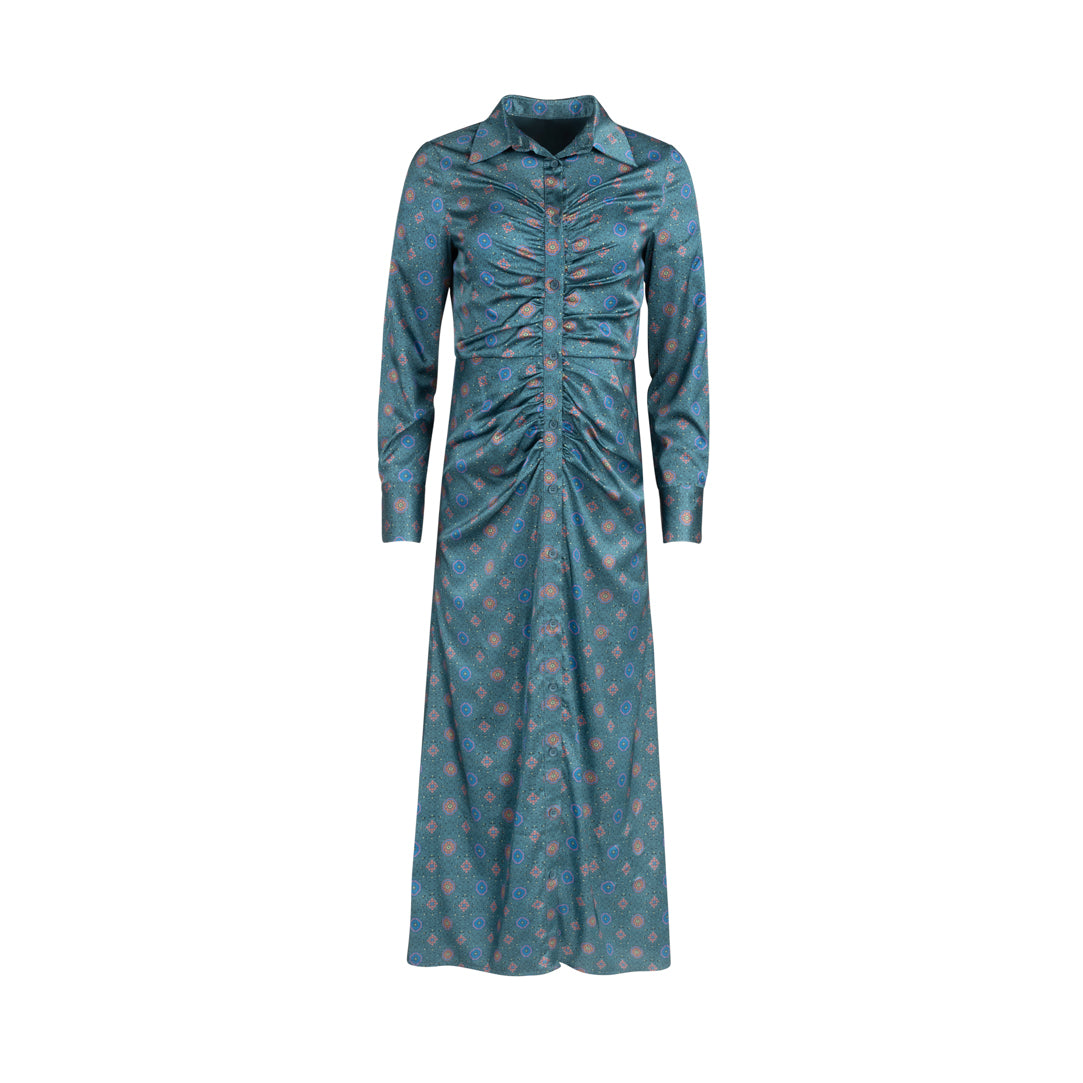 Ladies Printed Ruched Button Down Dress