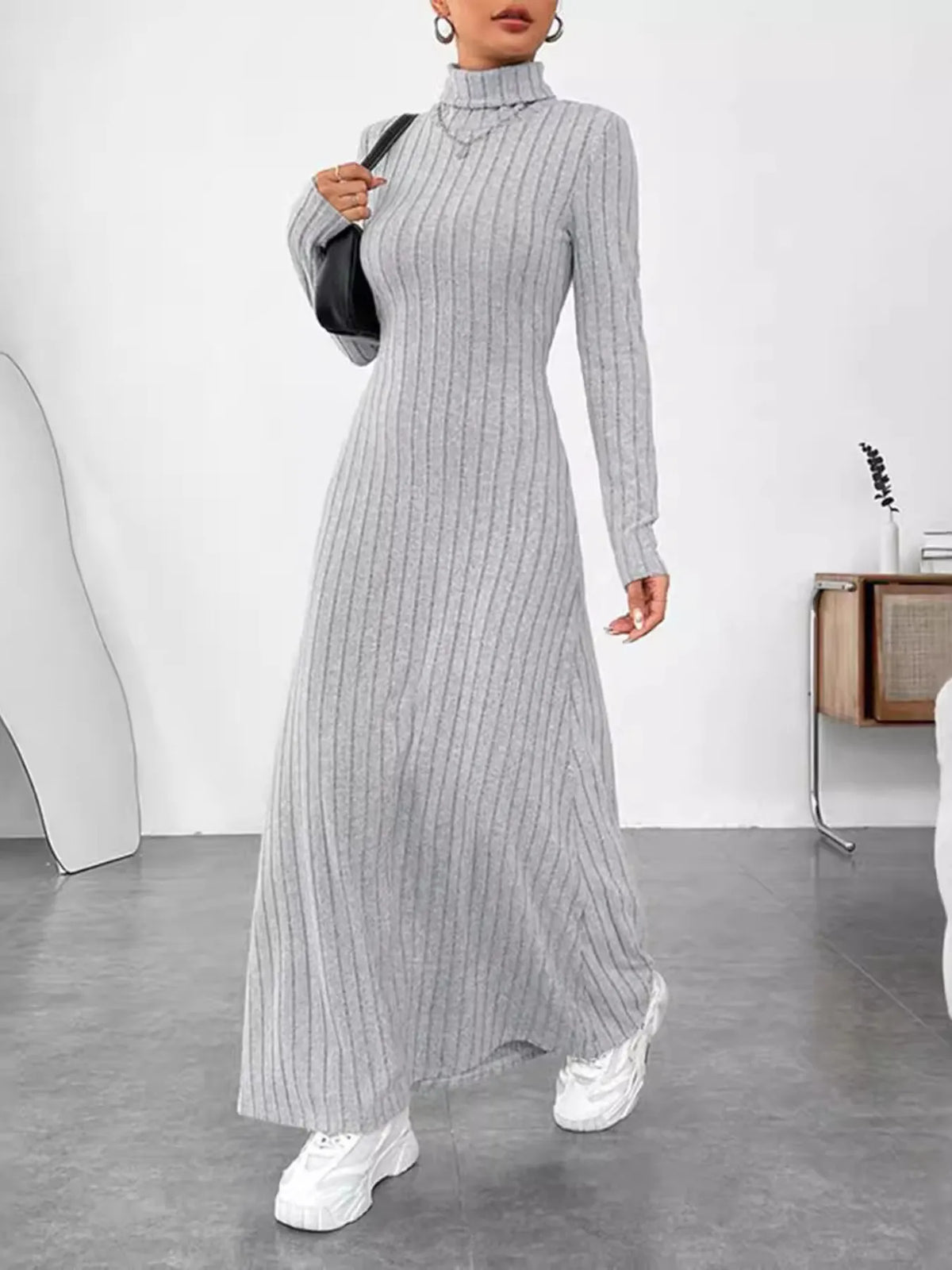ladies ribbed dress Turtleneck Long Sleeve Maxi Knit Gray / S Size:IT 37.5 - US 7.5 Black Lace Bardot Long mens look Pair with slides