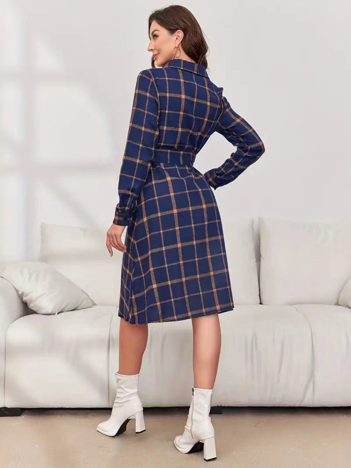 Ladies Plaid Tie Waist Long Sleeve Dress