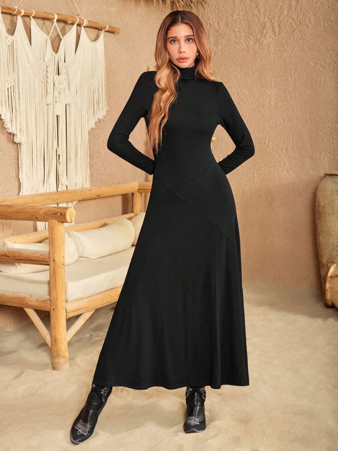 Ladies Turtleneck Long Sleeve Maxi Dress