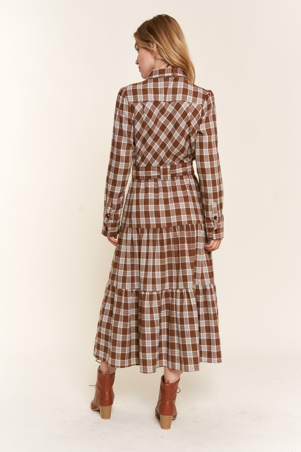 Ladies Plaid Tiered Midi Shirt Dress