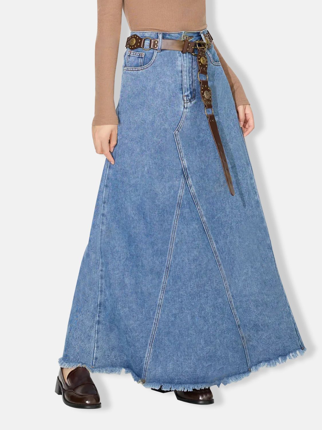 Ladies Raw Hem Maxi Denim Skirt