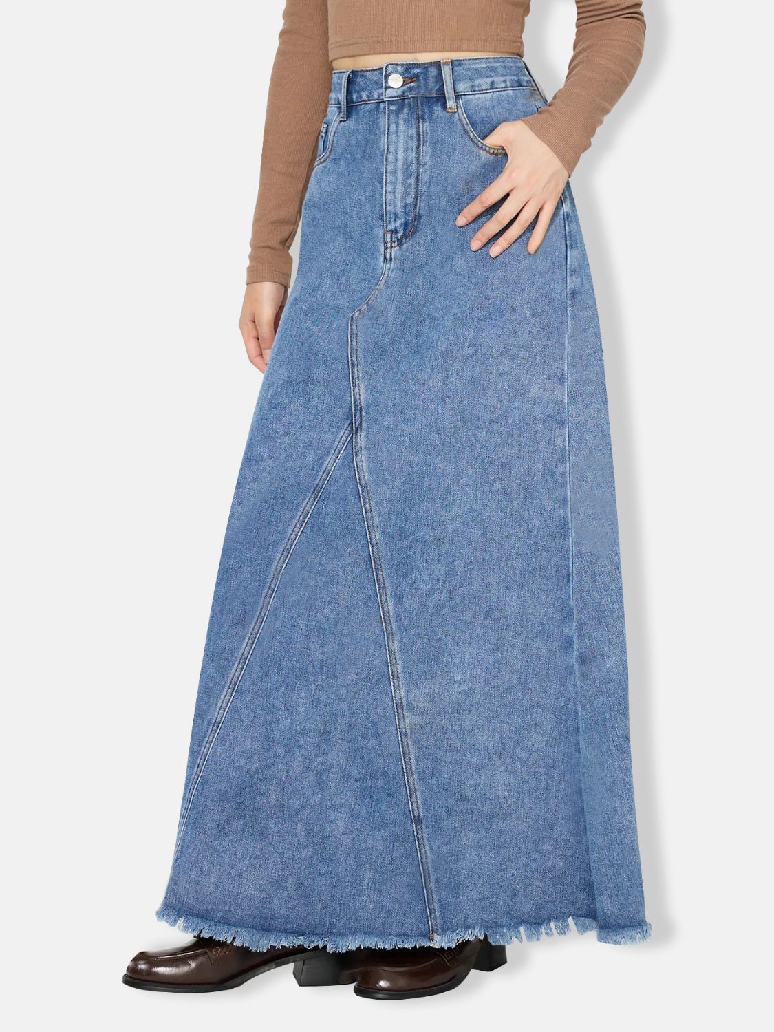 Ladies Raw Hem Maxi Denim Skirt