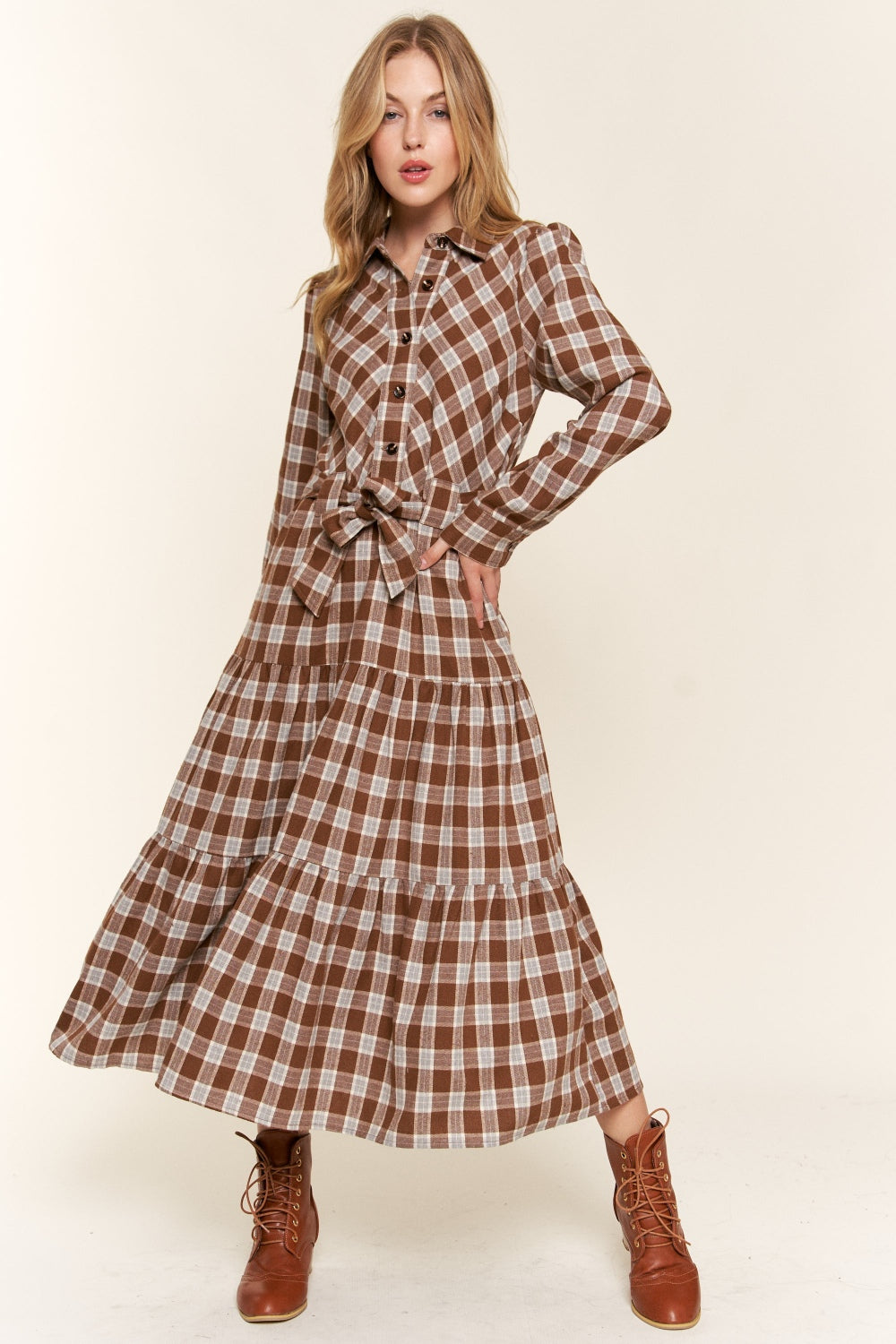 Ladies Plaid Tiered Midi Shirt Dress