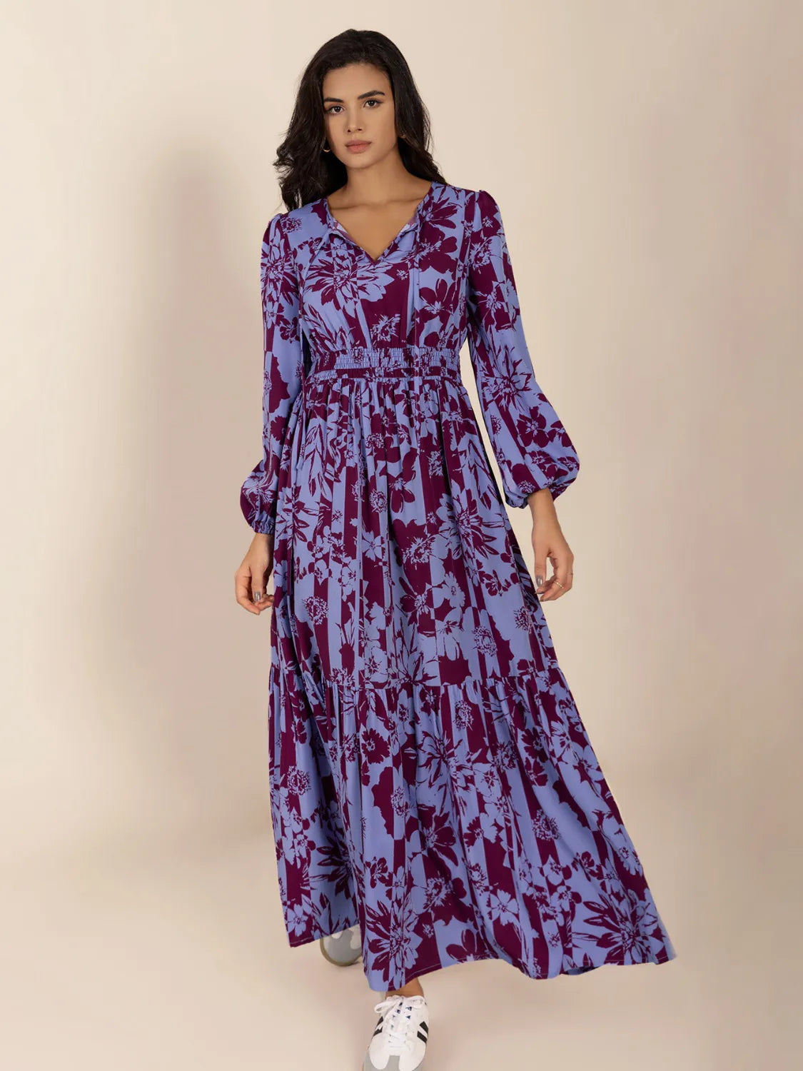 maxi balloon dress for women Ladies Printed Tie Neck Sleeve Purple / M The asymmetric shoulder detail early pattern Color:Navy & White Pinstripe Long Frocks Dress For