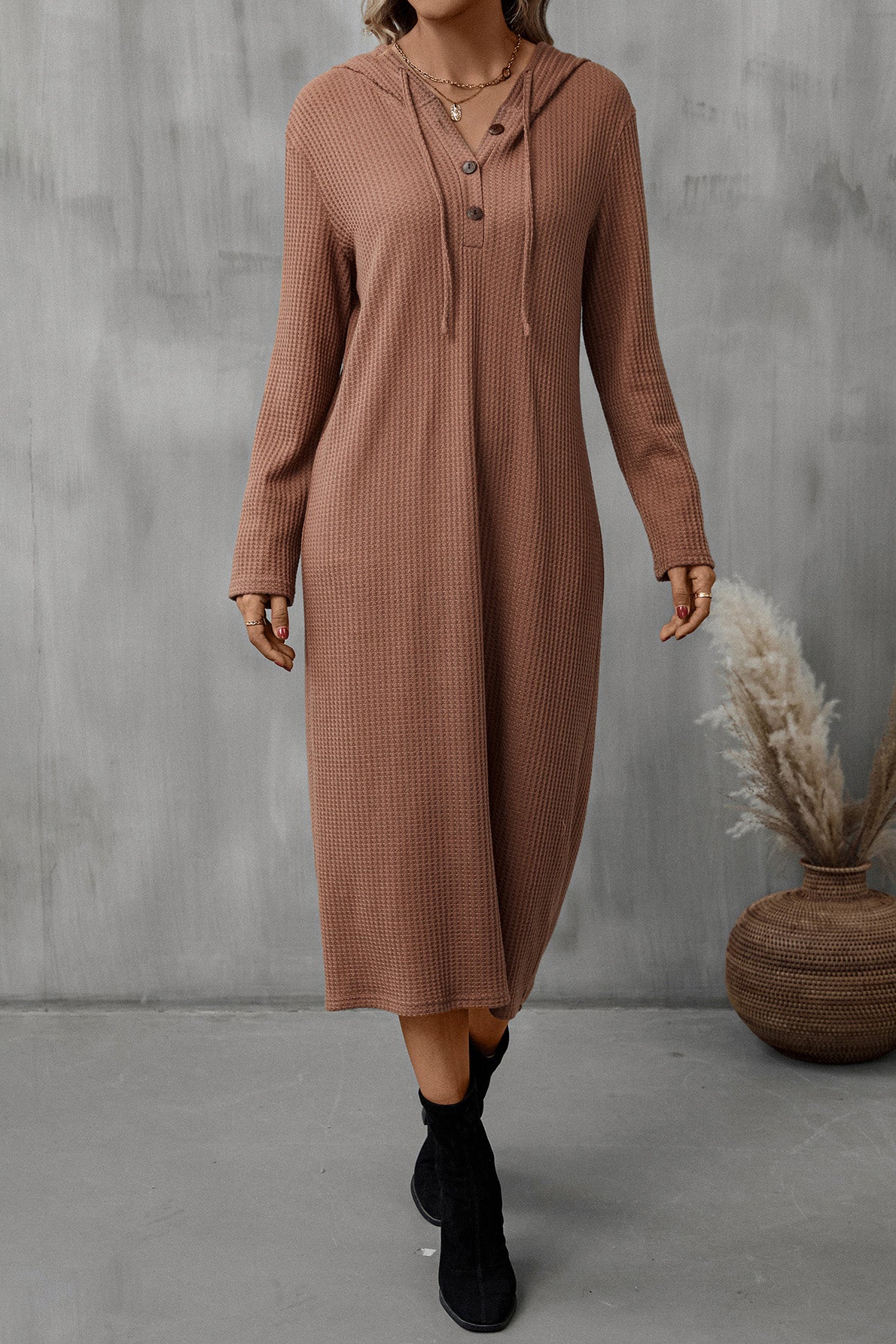 Ladies Buttoned Long Sleeve Hooded Dress