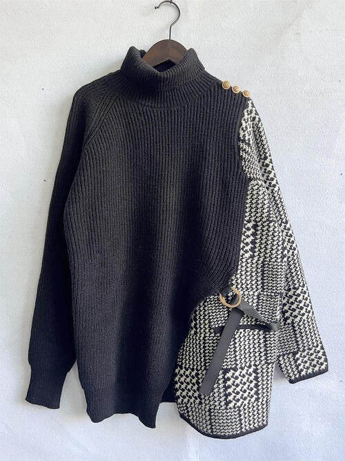 Ladies Mixed Media Houndstooth Turtleneck Sweater