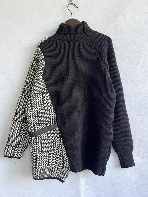 Ladies Mixed Media Houndstooth Turtleneck Sweater