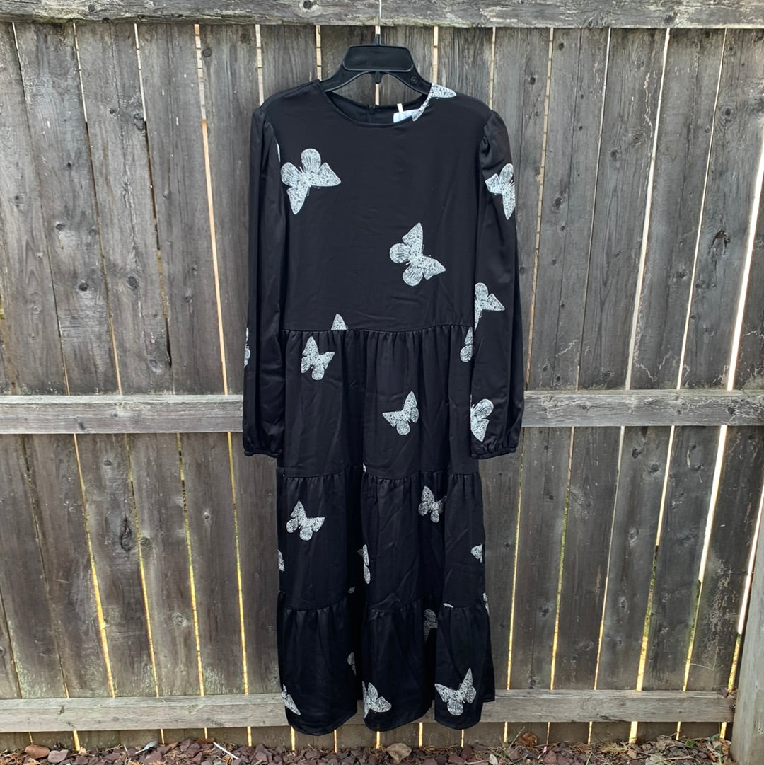 Ladies Black Butterfly Print Dress